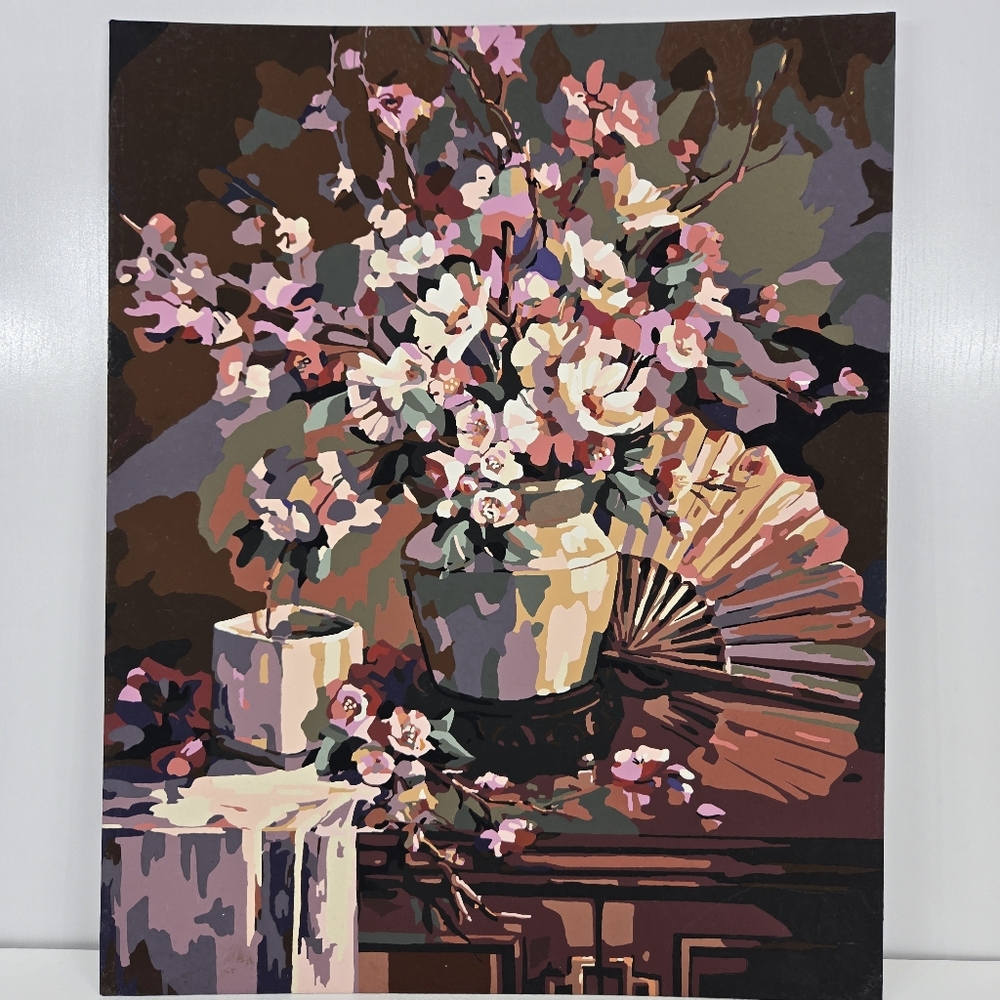 Oriental Fan Finished Acrylic Paint By Number 16×20‎ Floral Cherry Blossoms